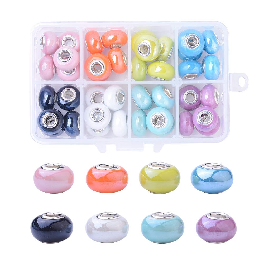 PandaHall 40pcs Porcelain European Beads 8 Colors Large Hole Rondelle Spacer Loose Beads with Silver Color Core Fit European Snake Chain Charm Bracelets, 15x10~11mm