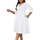 Runwind Women’s Plus Size Midi Dress 3/4 Sleeve Fit and Flare Cocktail Dresses Casual V-Neck Dress with Pockets