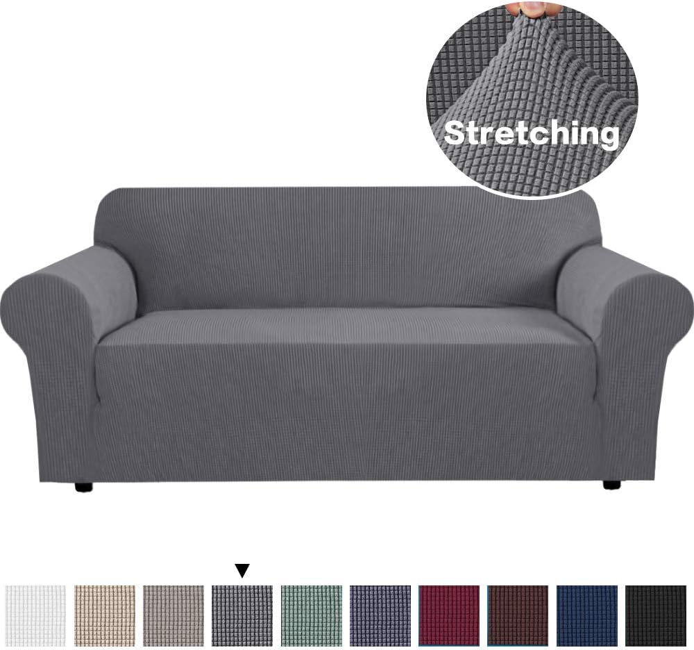 1 Piece Rich Textured Lycra High Spandex Small Checks Knitted Jacquard Sofa Cover Chair Covers for Living Room Stretching Skid Resistant Sofa Protector Soft Fitted Sofa Cover,(Sofa,Charcoal Gray)