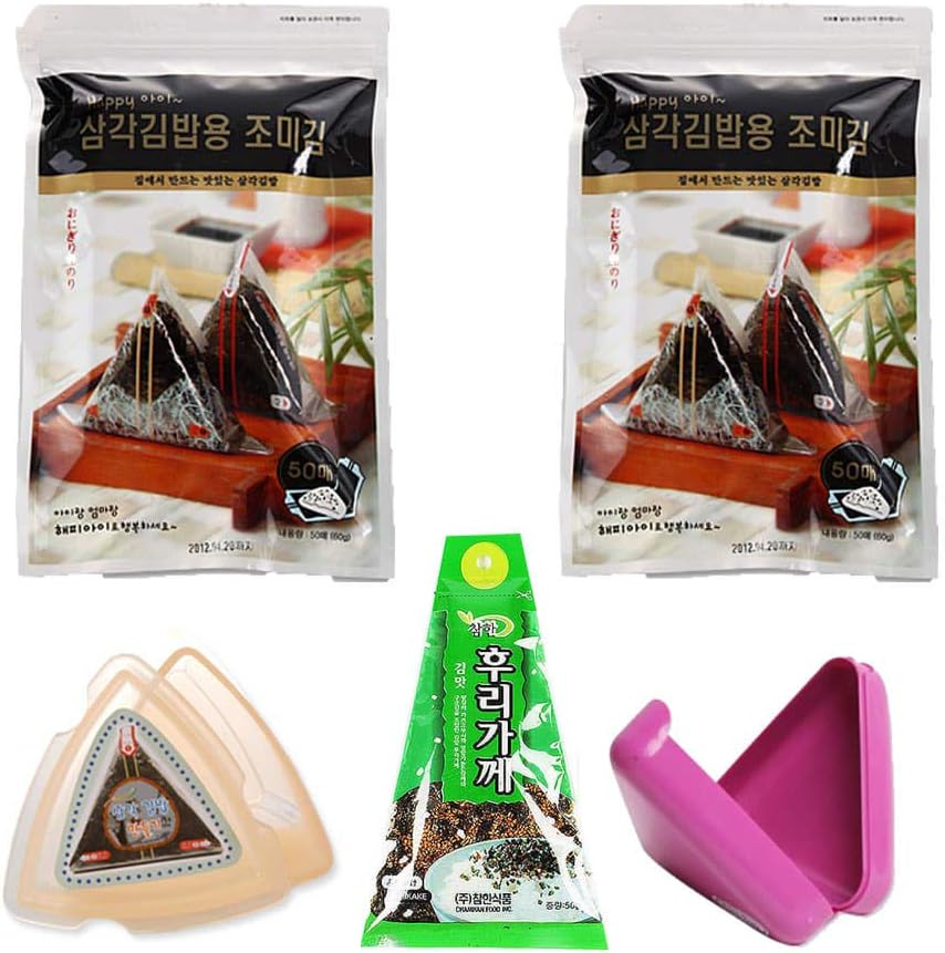 HapppyI Seaweed Wrappers for Triangular Triangle Kimbab with sticker(100sheets) (100 sheets with mold, rice seasoning, container)
