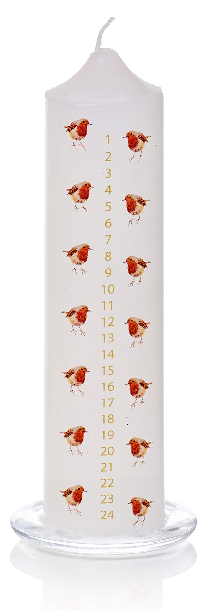 Premier Wax Advent Candle with Glass Stand Robins (White)