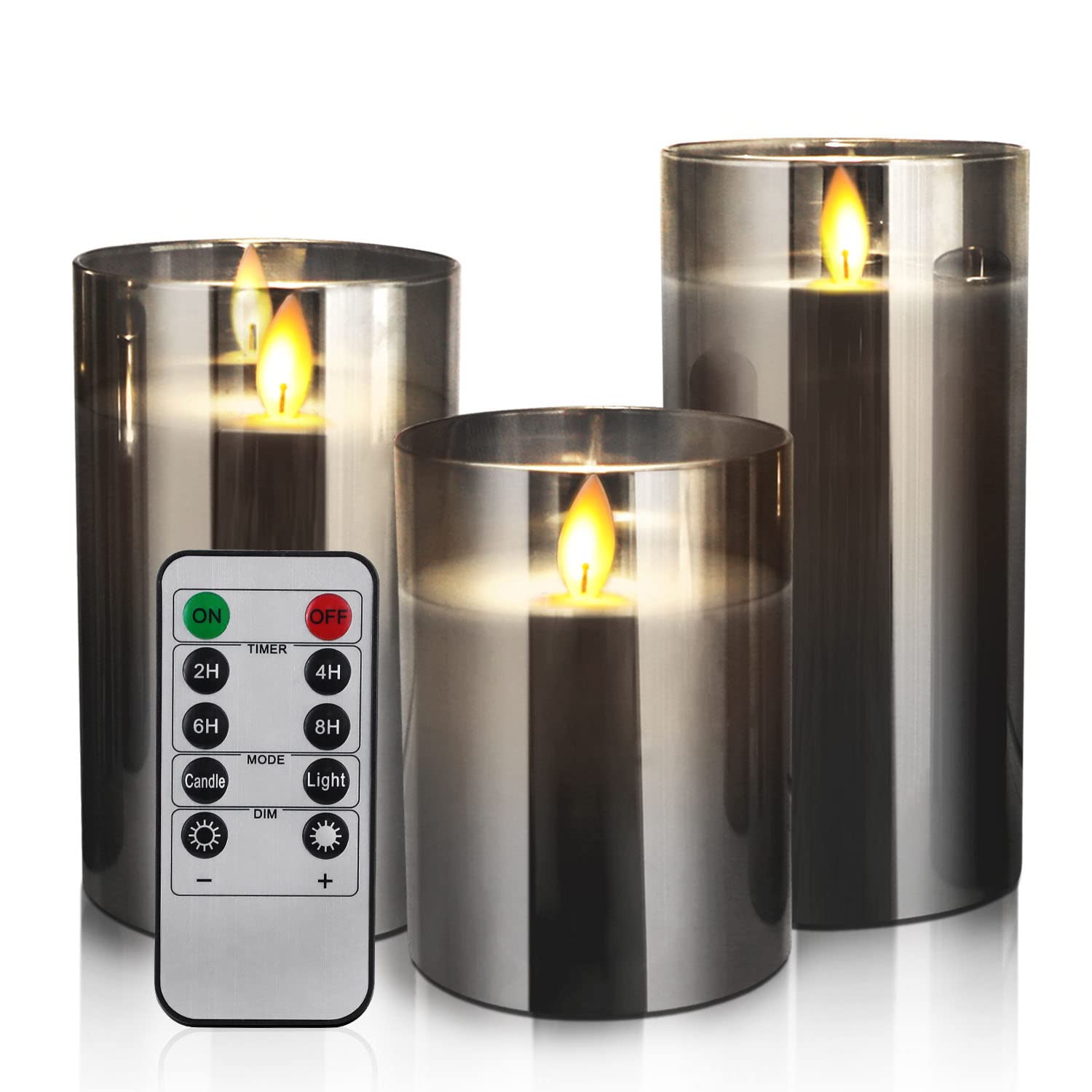 LED Candles Flameless Candles 4" 5" 6" Set 3 Real Wax Light, Battery Operated Candles Gray Glass Pillars Realistic Flickering Wick Flame Mode, Lantern Candles with Remote Control 24 Hour Timer Lover