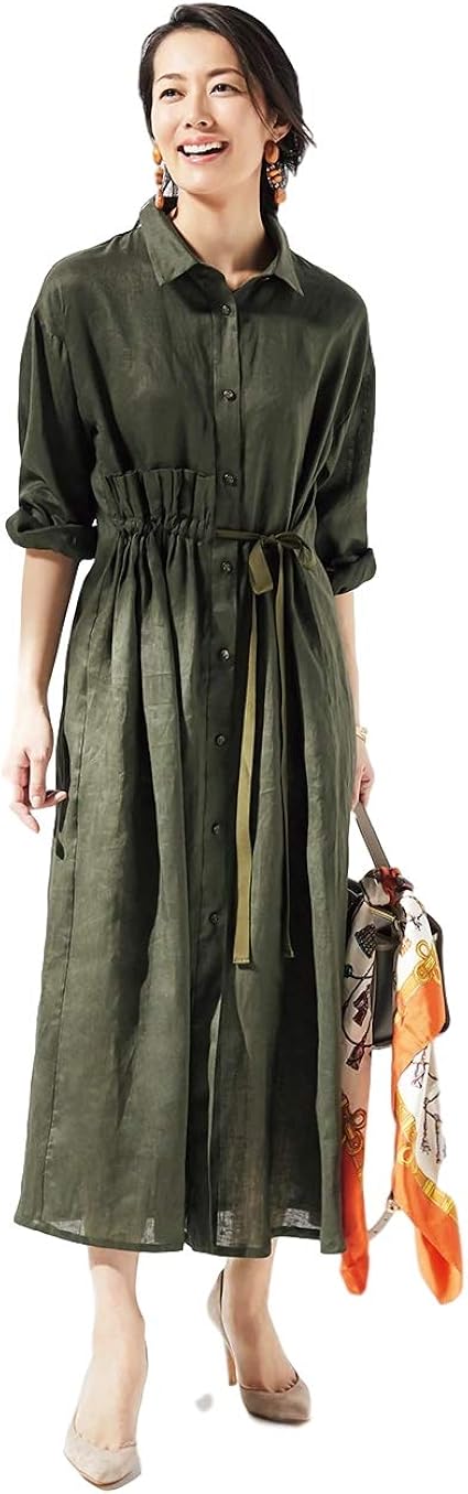 Amazon Co Jp ドゥクラッセ 21番リネン アシメギャザーワンピース 11オリーブ 服 ファッション小物