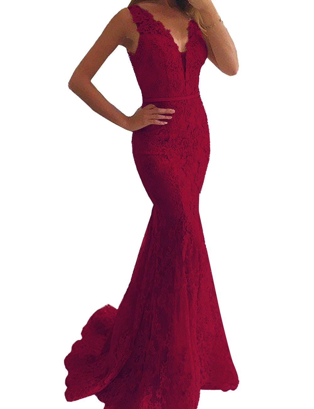 OYISHA Women's Lace Mermaid Prom Dresses Long V Neck Evening Party Ball
