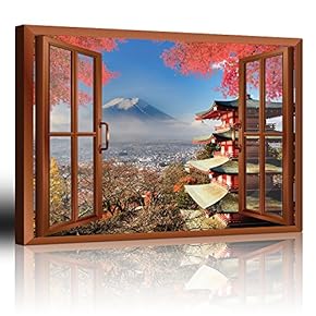 Modern Copper Window Looking Out Into a Shrine with Mount Fuji on The Background - Canvas Art Home Art - 24x36 inches
