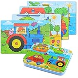 BBLIKE Wood Jigsaw Puzzles for Kids Toy in Tin Box, 4 Varying Degree of Difficulty Educational Learning Tool Best Birthday Present for Boys Girls (Vehicle)