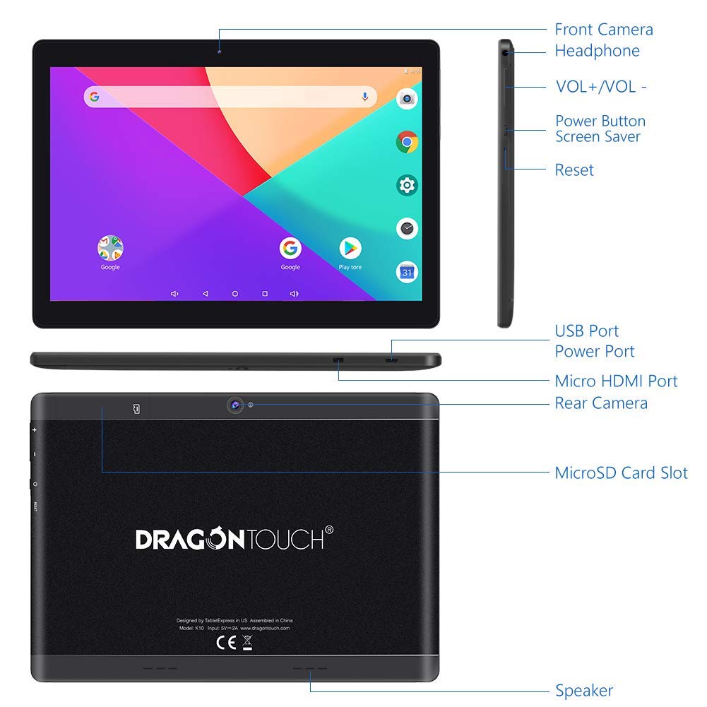 Dragon Touch K10 Tablet Android 8.1, Tablet con processore quad-core da 16 GB con lo schermo IPS HD, Famiglia Tab con micro HDMI, GPS, FM, WiFi 5G, Corpo in Metallo(Nero)