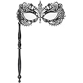 Thmyo Venetian Halloween Mardi Gras Party Mask with Holding Stick, Carnival Handheld Metal Feather Rhinestone Masquerade Mask