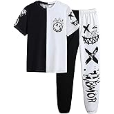 WDIRARA Boy's Two Piece Graphic Print Short Sleeve T Shirts and Elastic Waist Pants Clothing Set