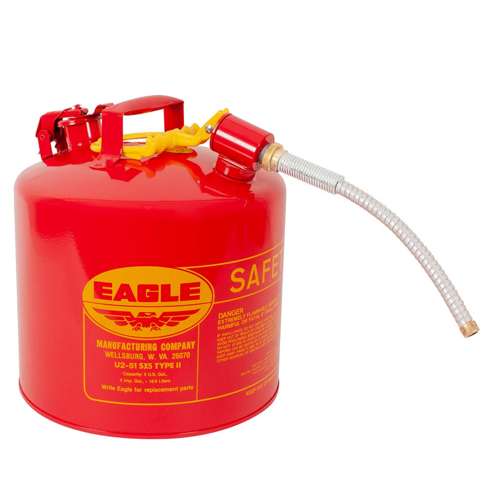 Eagle U2-51-SX5 Type II Metal Safety Can, Flammables, 11-1/4" Width x 15-7/8" Depth, 5 Gallon Capacity, 5/8" OD Pour Spout, Red: Gas Cans: Industrial & Scientific