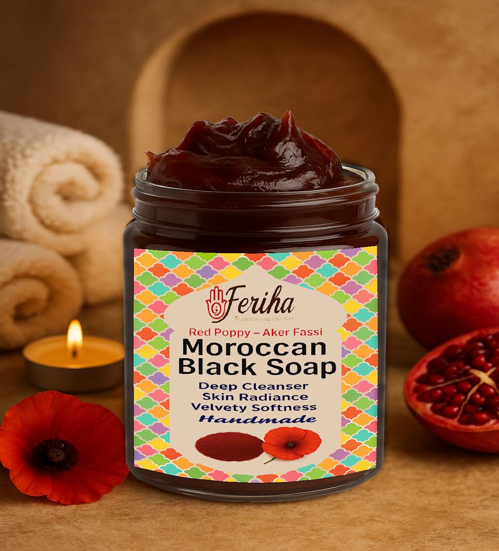 FERIHA Moroccan Black Soap with Aker Fassi – Red Poppy Petals & Pomegranate Shell – 100% Natural Artisan Beldi Hammam Soap for Radiance, Skin Firming & Deep Cleansing – Sourced & Crafted in Morocco
