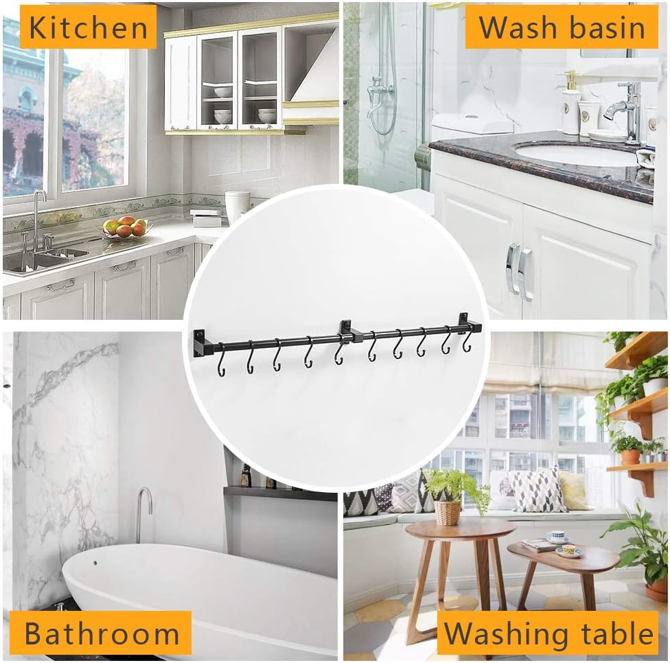 BESy 31.5 Inch Black Hanging Pot Rack Wall Mounted Lid Holder Detachable Rail Kitchen Utensils Pan Hanger with 10 Detachable S Hooks, Wall Mount With Screws: Kitchen & Dining
