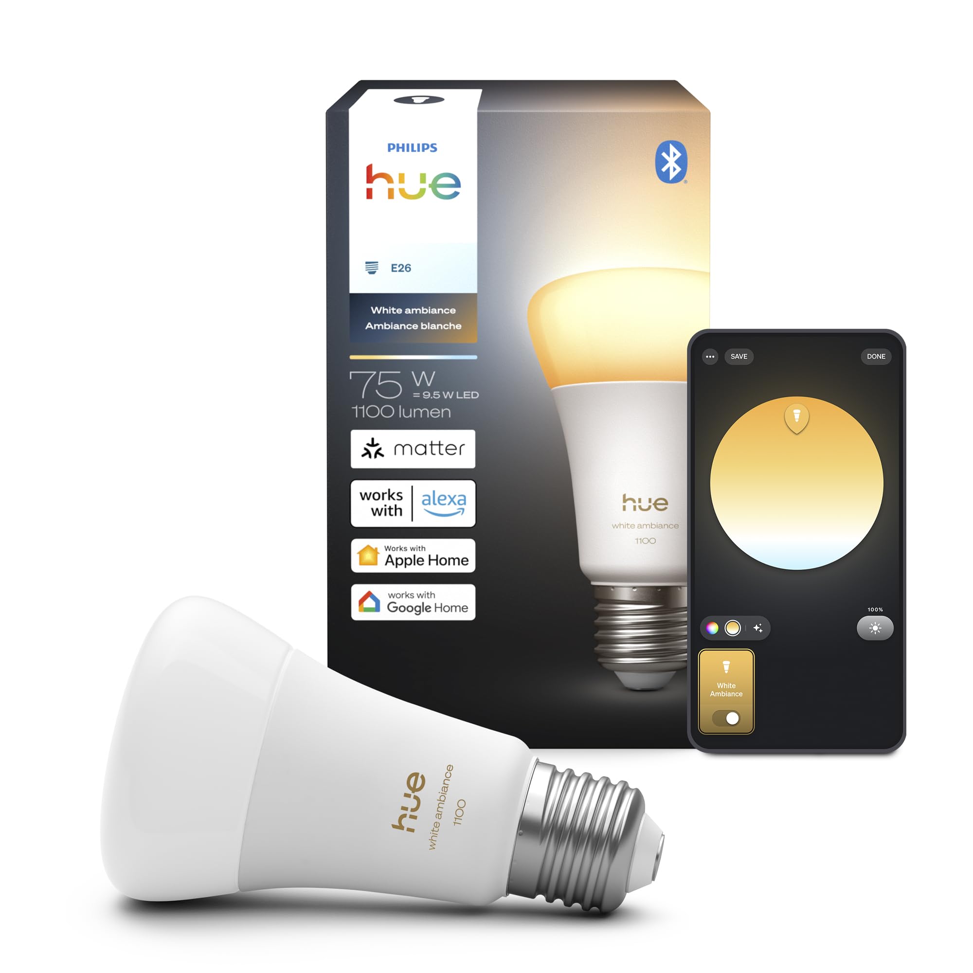 Philips Hue Smart LED A19 Bulb, White Ambiance, E26 Base, 9.5W, Full Spectrum Light 1000K-20000K, 1100 Lumens, Dimmable, Compatible with Alexa, Google Assistant, and Apple Home, 1 Pack Image