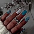 MISUD Short Square Press on Nails Squoval Fake Nails Glossy Glue on Nails Summer Acrylic Nails Blue Artificial Nails Bling Glitter Stick on False Nails with Design 24 pcs