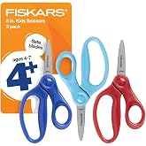 Fiskars 5" Pointed-Tip Kids Scissors, Age 4-7, Red, Blue, Turquoise, 3-Pack | Scissors with Safety Edge Blades for School or Crafting, Ergonomic Handles Designed for Kids Hands, Back to School Supplies