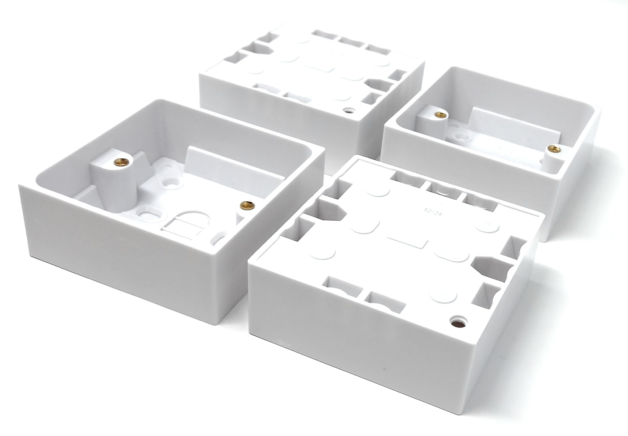 4pcs. 1-Gang Surface Mount Pattress Back Box – 32mm Depth, 85mm x 85mm, White – Ideal for Electrical Socket & Switch Installations
