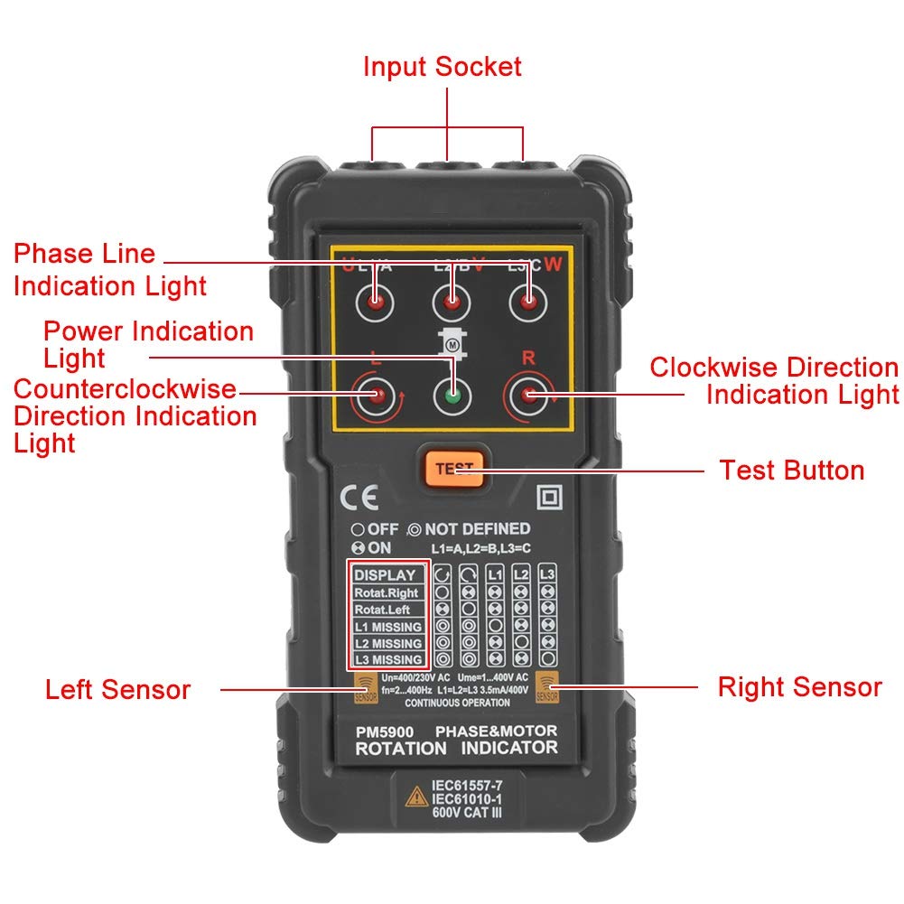 PM5900 Motor Three-Phase Motor Rotation Indicator Tester Portable Handheld Tester for Install Repair or Maintain Three-Phase Motor - Image 5
