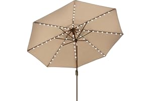 EliteShade USA 10-Year-Non-Fading Solar 9ft Market Umbrella with 80 LED Lights Patio Umbrellas Outdoor Table Umbrella with Ventilation, Heather Beige