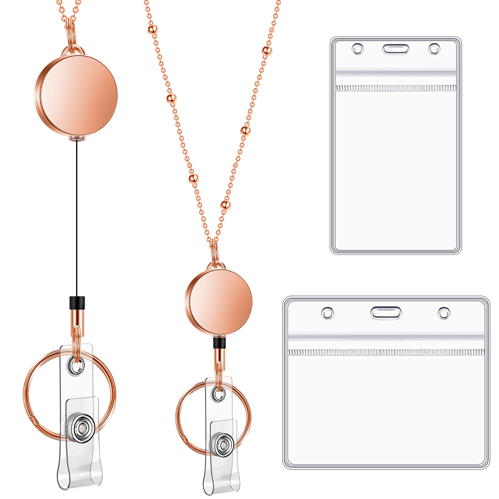 Outus Retractable Lanyard Key Chain 2 Pieces Clear Waterproof Plastic ID Badge Holder and Stainless Steel Lanyard Necklace for Keys Holder Card Badge (Rose Gold)