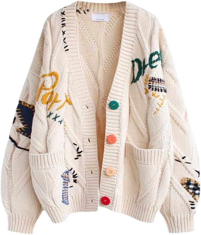 utcoco Womens Open Front Cardigan Cable Knit Long Sleeve Button