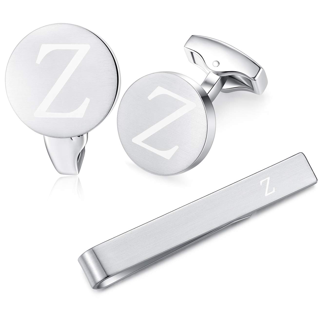HONEY BEAR Initial Alphabet Letter Cufflinks Skinny Tie Clip Set for Mens Shirt - Round Stainless Steel, for Skinny Narrow Tie Business Wedding Gift,Brushed Silver,4cm (Z)