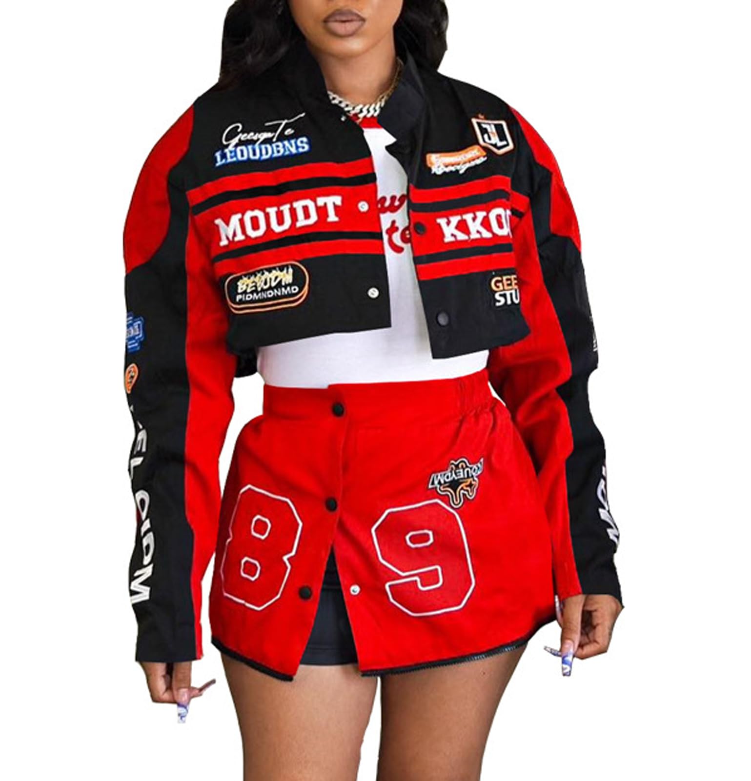Photo 1 of 2 Piece Outfits for Women Long Sleeve Crop Jacket Top Bodycon Mini Skirt Set Y2k Streetwear Birthday Club Outfits Red