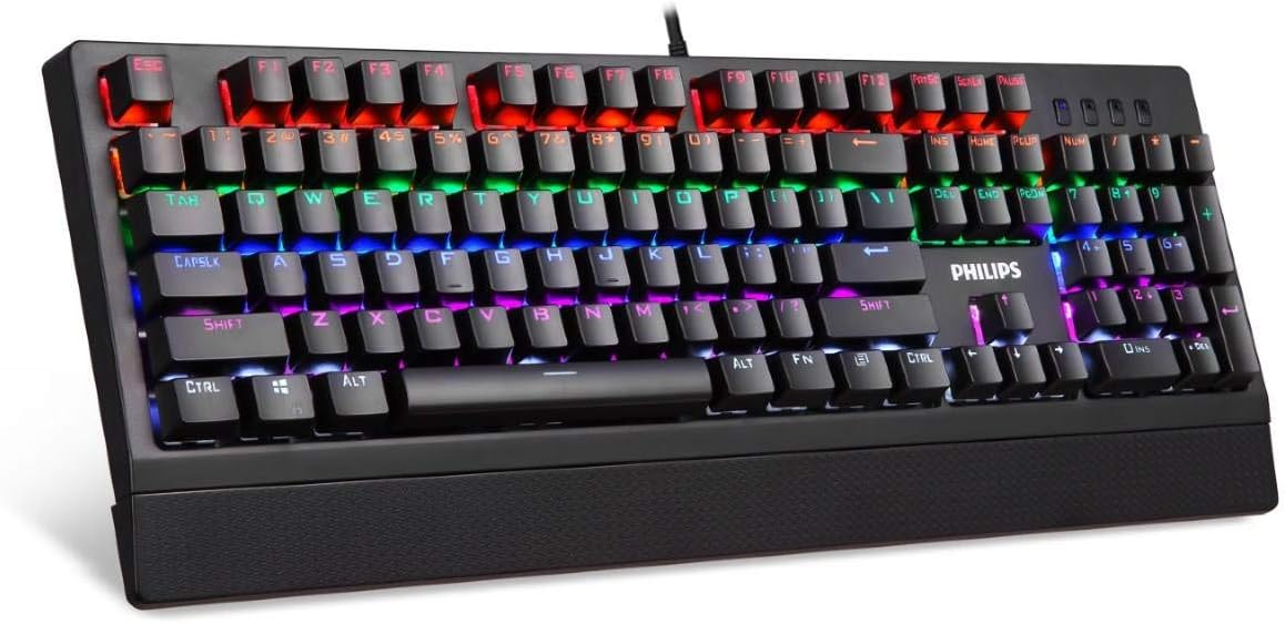 Amazon Com Philips Corded Mechanical Gaming Keyboard Rgb Ambiglow Fx Key Light Maps Anti Ghosting N Key Rollover Clicky Light Touch Blue Switches Spk8403 Computers Accessories