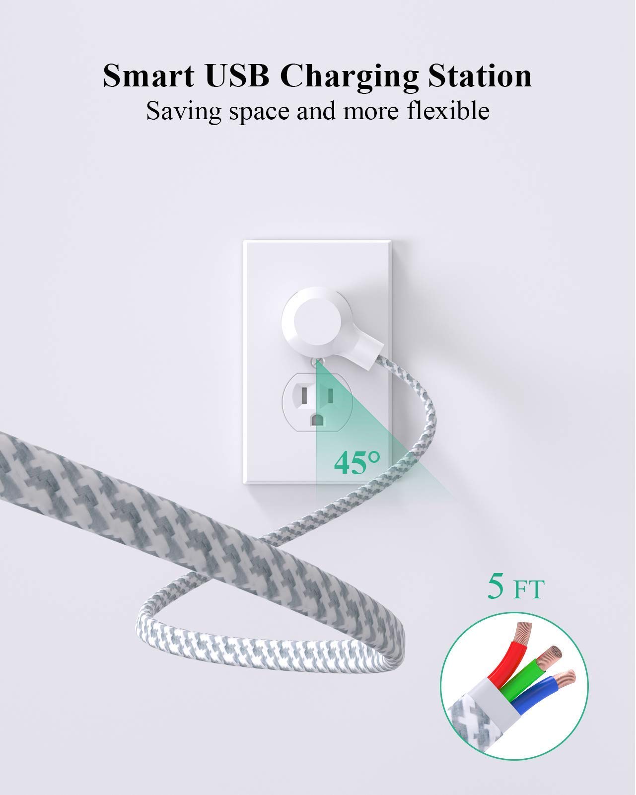 2 Pack Power Strip Surge Protector, 6 Outlets 4 USB Ports (2 USB C) 5Ft Long Extension Cords, Flat Plug Overload Protection Outlet Strip, Wall Mount for Home, Office and Dorm Essential, ETL Listed