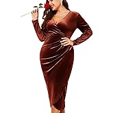 CYCLAMEN Wrap Ruched Velvet Dress V Neck Plus Size Long Sleeves Bodycon Midi Elegant Party Wedding Guest Cocktail