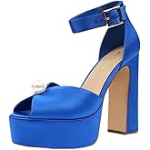 JENN ARDOR Womens Open Toe Pearl Platform Heels for Women Chunky Buckle Ankle Strap Wedding Heeled Sandals Dress Evening Bride Bridal Shoes