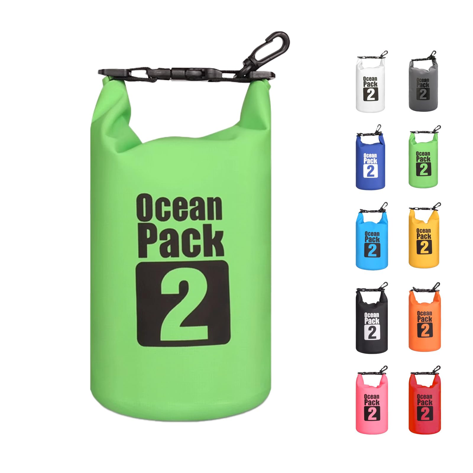 MORAINJAY 2L Green Dry Bag,Waterproof Bag with D Ring Carabiner,Small Capacity Dry Sack 2L 5L 10L 15L 20L 30L for Outdoor Camping,Rafting,Swimming,Boating,Surfing