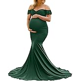 Saslax Off Shoulder Ruffle Sleeves Elegant Fitted Maxi Maternity Dress for Photoshoot Baby Shower
