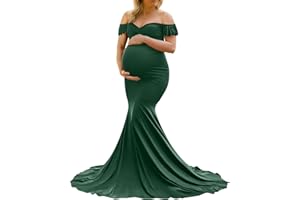 Saslax Off Shoulder Ruffle Sleeves Elegant Fitted Maxi Maternity Dress for Photoshoot Baby Shower