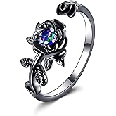 POPLYKE Rose Black Flower Ring For Women Sterling Silver Rings With CZ Jewelry For Women Promise Ring Adjustable Open Ring