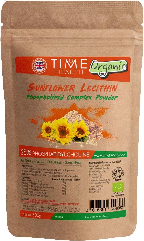Organic Sunflower Lecithin Powder - 17% Phosphatidylcholine - Vegan - GMP Standard (300g Powder Pouch), 300 g (Pack of 1)