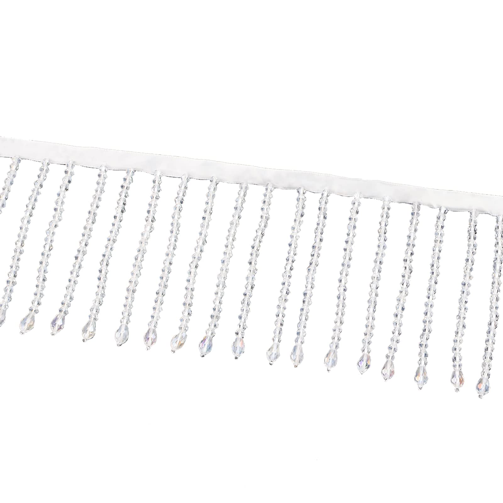 URROMA Crystal Beaded Fringe Trim, 1 Yard White Clear Bead Trim Wide Sewing Beaded Fringe for Curtain Lampshades and Dress Clothing, 9cm