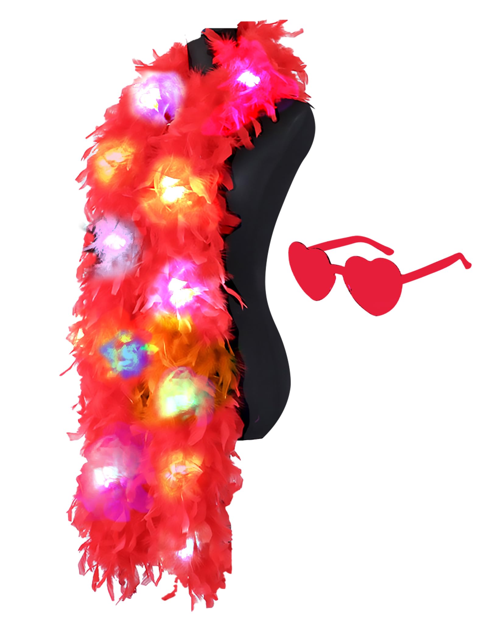 Colorful Feather Boas, 6.6ft Boa with 20 Color LED Lights for Women for Dancing Wedding Party Halloween,with Heart Sunglasses (Red)