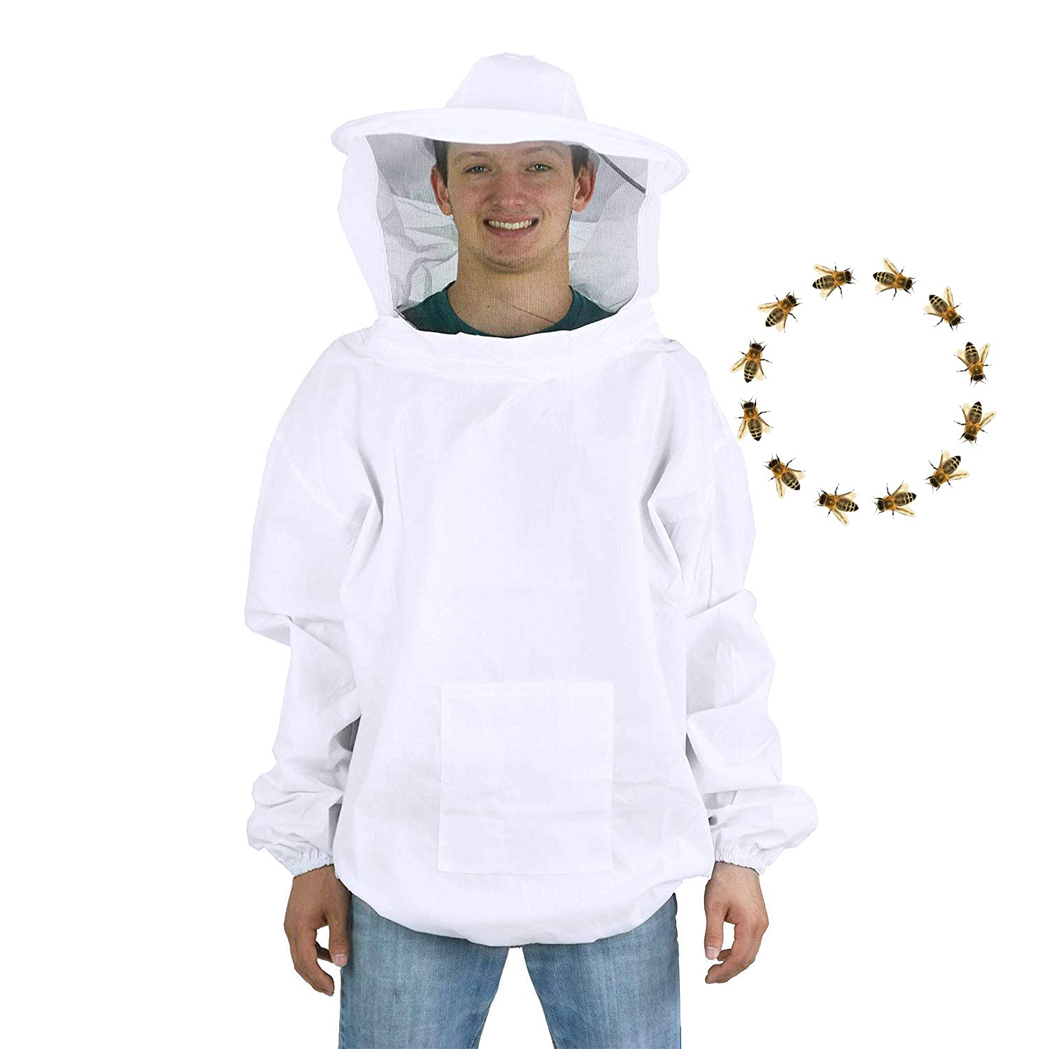 Beekeeping Suit Beekeeper Jacket with Protective Veil Large bee Clothing Suit Lightweight Beekeeper Pull Over Coat Smock for Men Women Professional Beginner Beekeepers,Unisex White