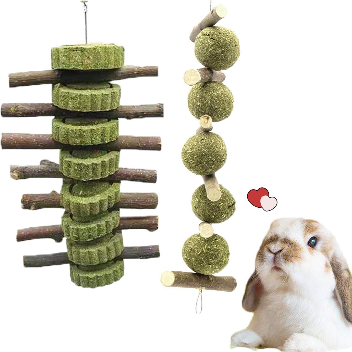 2PCS Bunny Chew Toys, Apple Wood Sticks Natural Grass Cake and Grass Ball Rabbit Hamster Chew Toys, Teeth Grinding Toy for Bunny Hamster Parrot Chinchillas Guinea Pig Gerbils Rats Chewing Playing