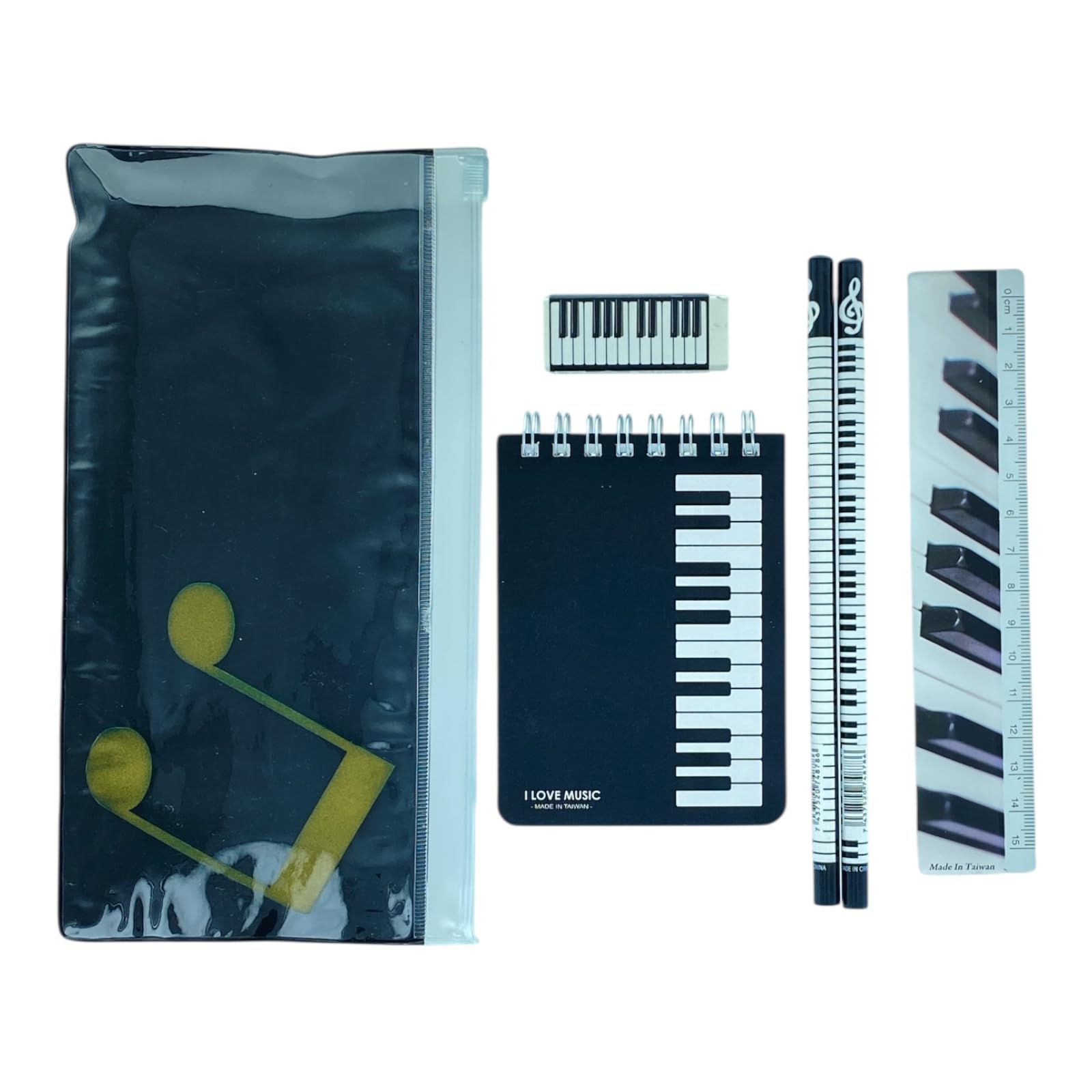 Music Themed Stationery Set - Mini Notebook Set with a Ruler, Eraser, 2 Pencils in a Zipper Pouch. Ideal as Music Gift for Students, Stationery for School and Office.