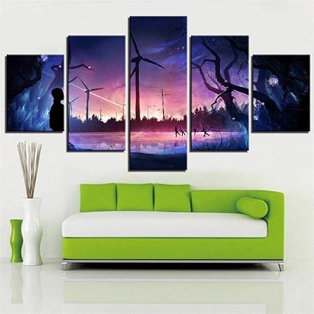 ZNNHERO Cuadro sobre Lienzo 5 Paneles Noche Cielo Estrellado Paisaje de Dibujos Animados Carteles Patinaje sobre Hielo Pintura al óleo Cuadros Imagen de Pared Impresiones en Lienzo: Amazon.es: Hogar