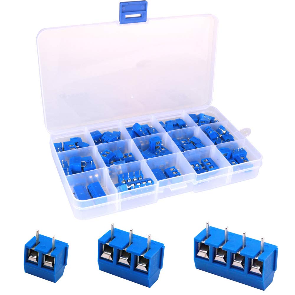 Greluma 100Pcs 5mm Pitch 2 Pin&3 Pin&4 Pin PCB Screw Terminal Block 300V 16A,Blue(85x2 Pin,10x3 Pin,5x4 Pin)