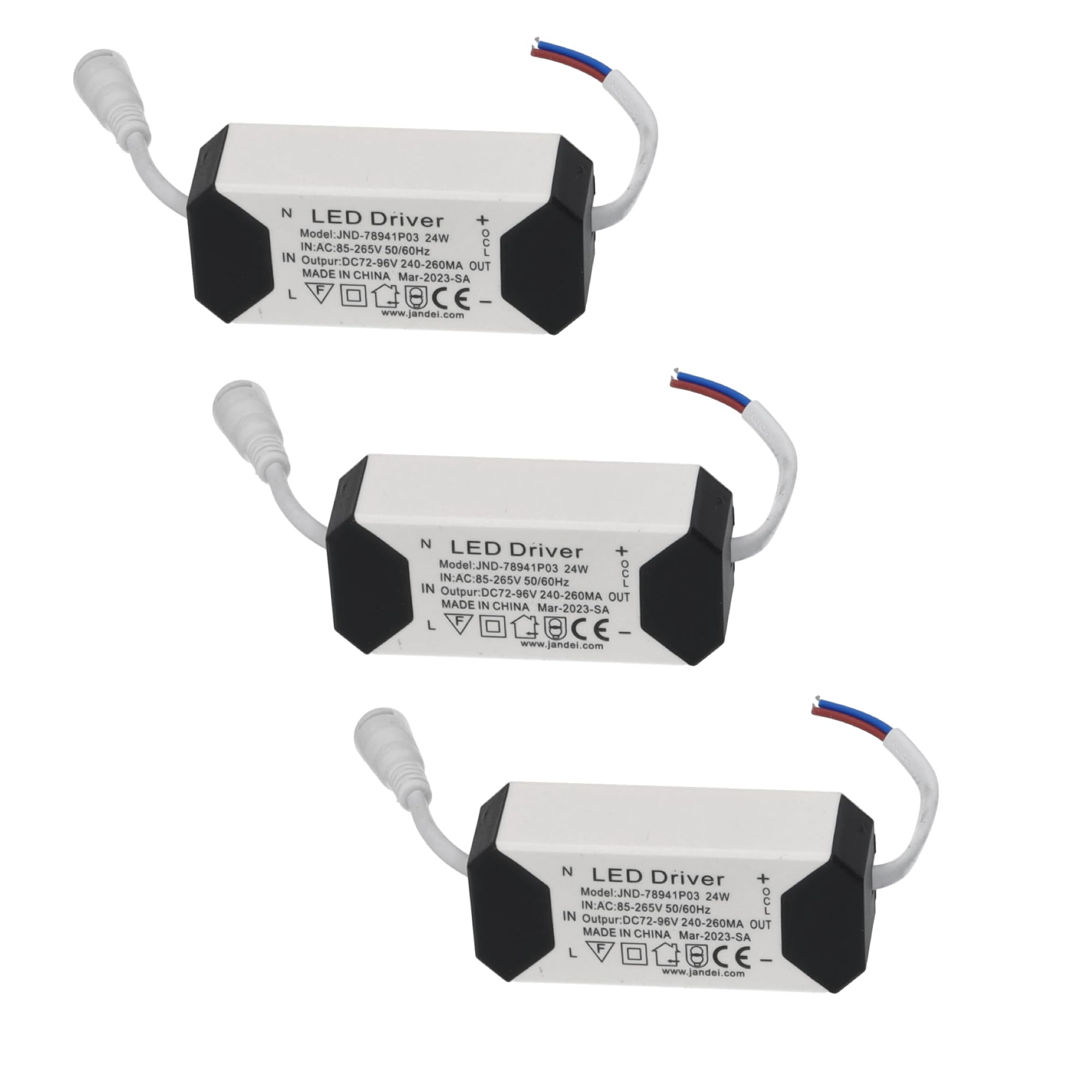 Jandei - Pack of 3 LED Transformer Drivers 18W-24W DC, Multi-voltage Input 170-265V AC 50/60Hz, Output 72-86 Vdc 240-260 mA - Ideal for Replacement in Downlights and Other LED Equipment