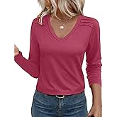 JUSTFASHIONNOW Pleated Long Sleeve Shirts for Women V Neck Dressy Casual Business Blouses Fall Tops 2025 Trendy