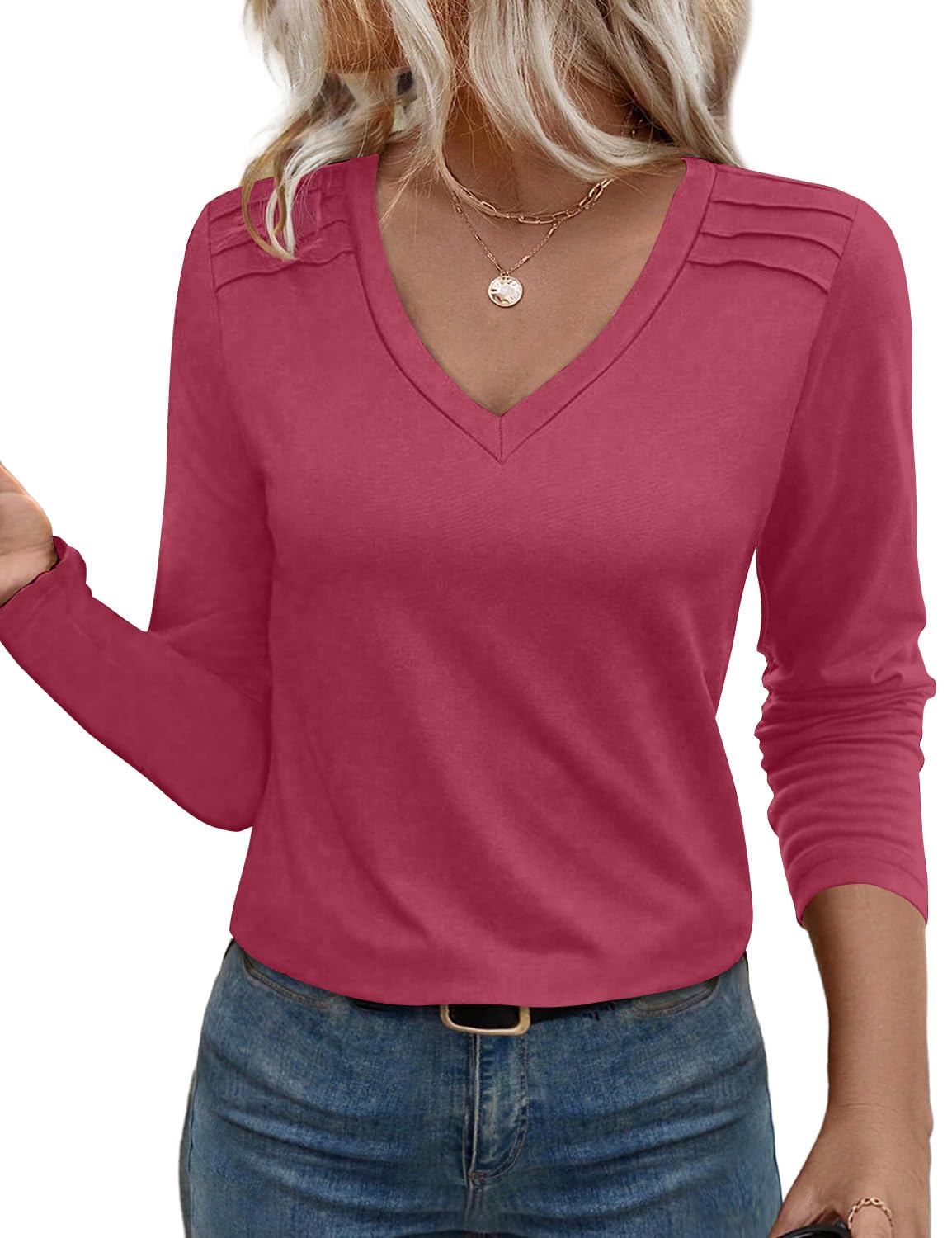 JUSTFASHIONNOW Pleated Long Sleeve Shirts for Women V Neck Dressy Casual Business Blouses Fall Tops 2025 Trendy(Red,X-Large)