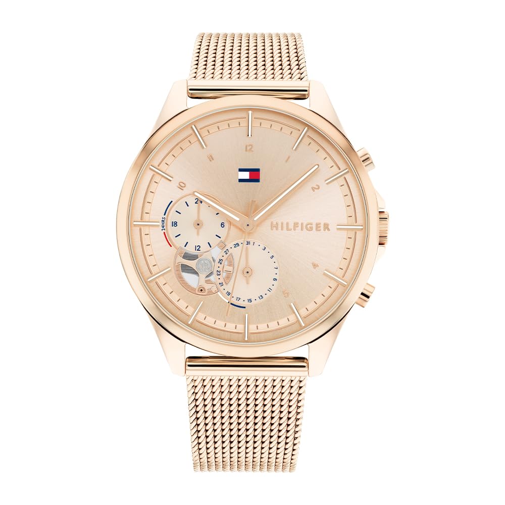 Tommy Hilfiger Analogue Multifunction Quartz Watch for Women with Carnation Gold Colored Stainless Steel Mesh Bracelet - 1782486