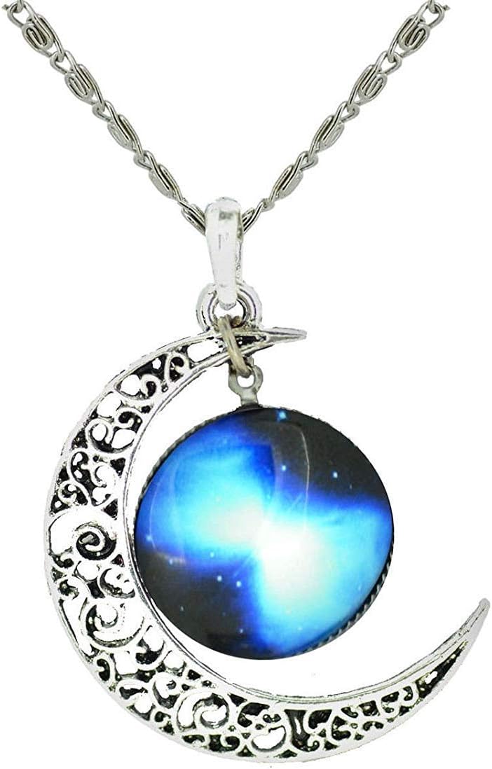 Unique Design Crescent Moon Galaxy Universe Glass Cabochon Pendant Necklace (839)