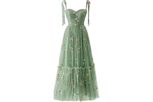Sevintage Flower Embroidered Tulle Prom Dresses Spaghetti Straps Tea Length Formal Cocktail Party Gown