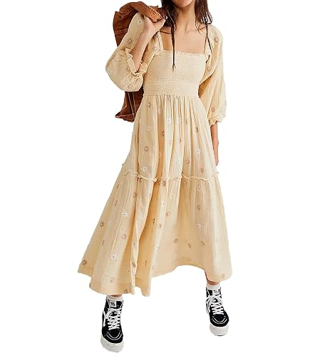 Amazon.com: Women Puff Sleeve Embroidered Maxi Dress, Floral Dress