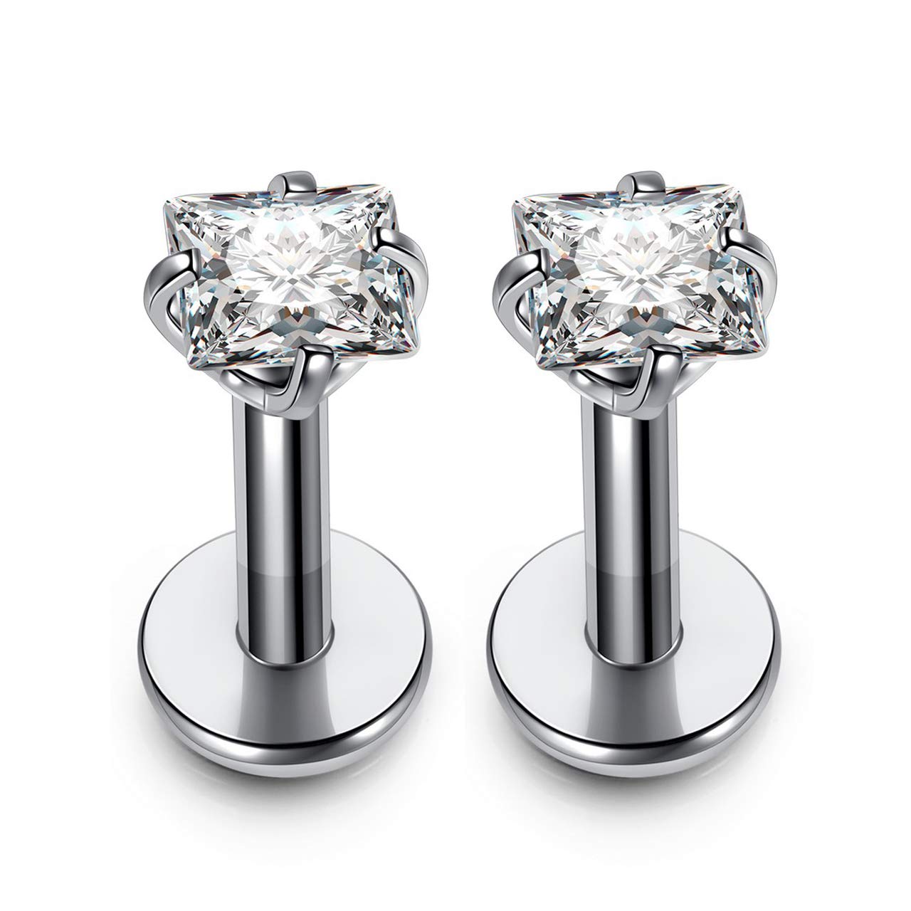 PiercingJ 2pcs 16g 316L Stainless Steel 3mm Cubic Zirconia Labret Monroe Lip Ring/Tragus/Helix Earring,6MM Bar Length